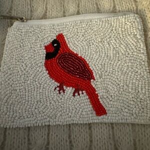 Red and White Beaded Bird Pouch New